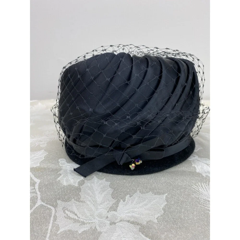 Vtg 1950s Black Fur Felt Hat Pleated Satin Crown Veil Bow Wm H Block Sz 22